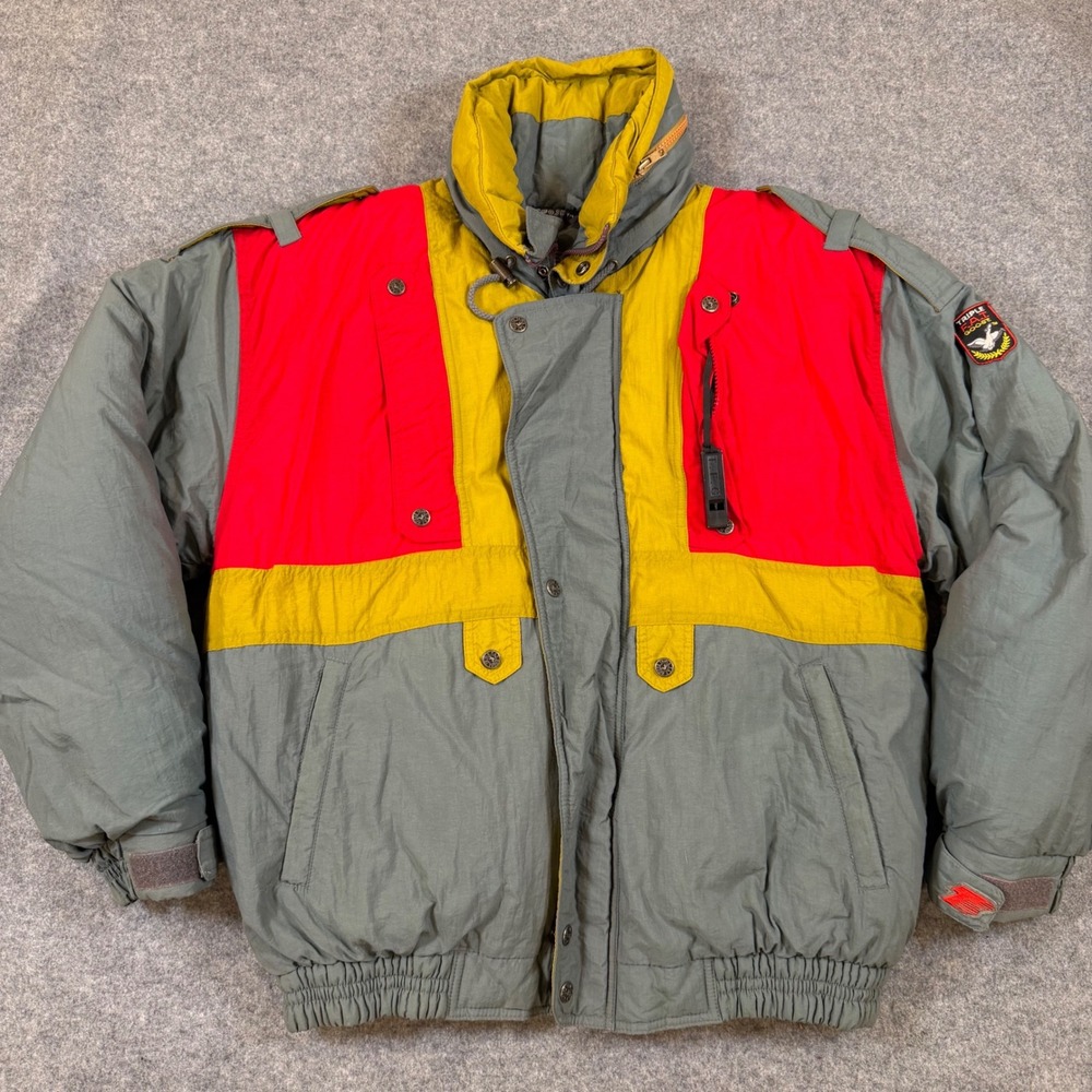 Vintage Triple FAT Goose Down Puffer Jacket Colorblock Grey Red Yellow Mens S
